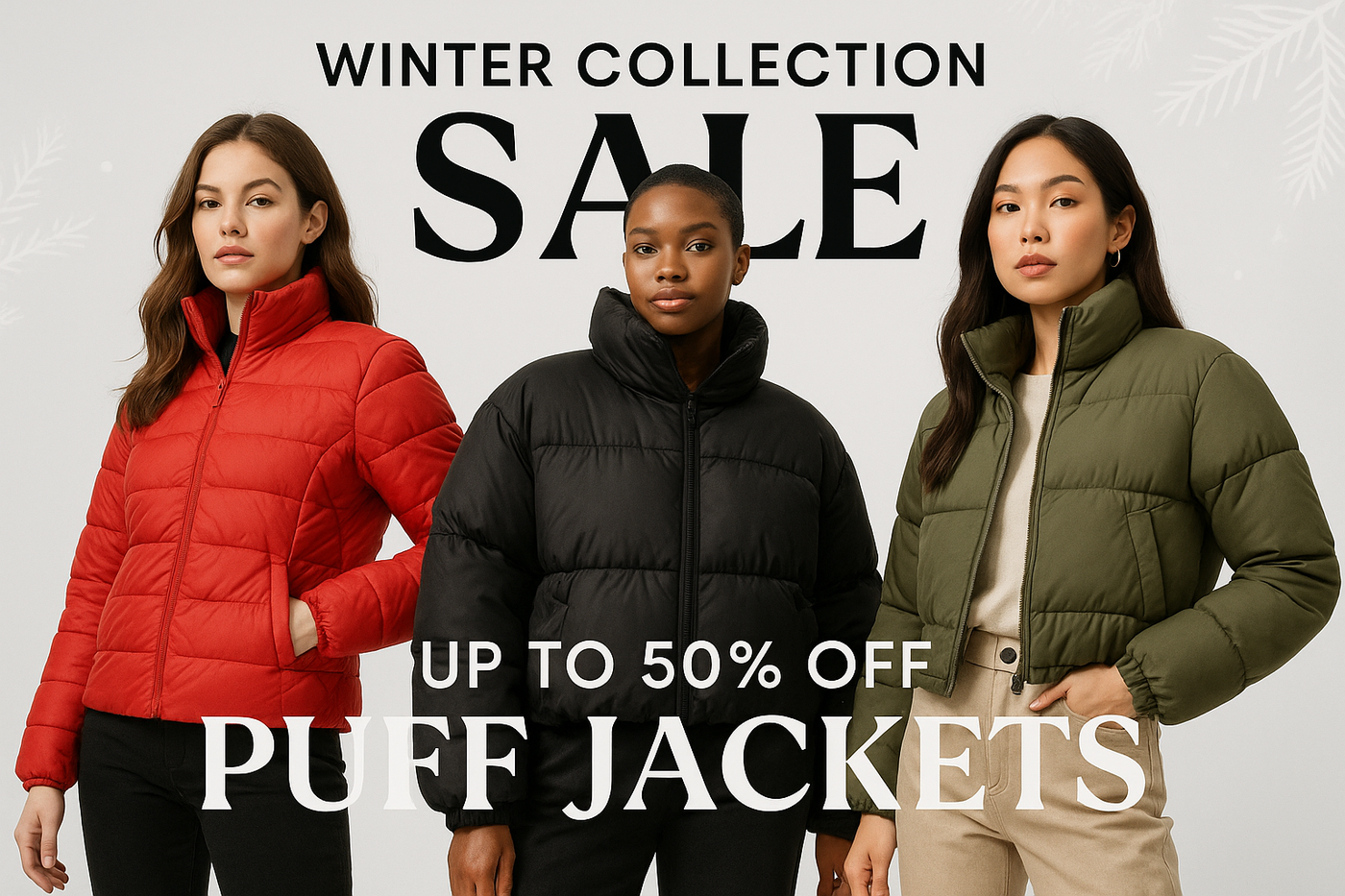 Generate the ibanner image with attractive and eye caching  heading  for the selling perceptive in this image 3 model wear the puff jackets with different color and design
